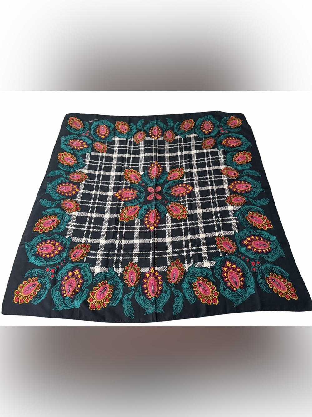 Vintage Diane Von Furstenberg 100% Silk Paisley Grid Square Scarf Large